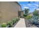 Exterior walkway featuring tropical plants, shrubs, and meticulous landscaping at 8579 54Th Avenue E Cir, Bradenton, FL 34211