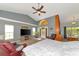 Spacious main bedroom with high vaulted ceilings, a ceiling fan, and gray walls at 15440 County Road 675, Parrish, FL 34219