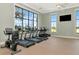 Well-equipped fitness center with treadmills, stationary bike, and large windows for a bright workout space at 17333 Savory Mist Cir, Bradenton, FL 34211