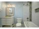 Elegant bathroom showcasing a white vanity, marble countertop, and a modern subway tiled shower at 480 28Th N Ave, St Petersburg, FL 33704