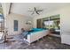 Relaxing covered patio with a ceiling fan, outdoor furniture, and a view of the pool at 650 Rosemary Cir, Bradenton, FL 34212