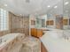 Well-lit bathroom featuring a bathtub, a shower, and a vanity with ample counter space at 673 Crane Prairie Way, Osprey, FL 34229