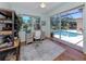 Home office featuring a desk with an exterior view of the pool at 673 Crane Prairie Way, Osprey, FL 34229