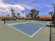 Outdoor pickleball courts with blue and green surface, surrounded by lush landscaping and fencing in a sunny community at 673 Crane Prairie Way, Osprey, FL 34229
