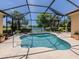 Screened-in pool with clear water, surrounded by lush landscaping and palm trees, with lake view at 673 Crane Prairie Way, Osprey, FL 34229