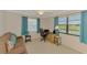 Bedroom with blue curtains, desk, sofa, and a view overlooking the property at 74 Windsor Dr, Englewood, FL 34223