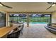 Screened-in patio features a dining area and comfortable seating with views of the pool and backyard at 15315 Derna Ter, Bradenton, FL 34211