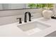 Detailed close-up of a modern bathroom sink with stylish black fixtures and quartz countertop at 17128 Ranchside Pl, Lakewood Ranch, FL 34211