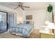 Comfortable bedroom with sliding glass doors, a ceiling fan, and neutral decor for a relaxing atmosphere at 4165 66Th Street W Cir # H, Bradenton, FL 34209