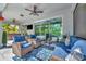 Covered patio area with comfortable seating, ceiling fans, and tv creates a relaxing outdoor space by the pool at 5515 69Th E Pl, Ellenton, FL 34222