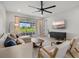 Inviting living room with plush sectional, stylish decor, and sliding glass doors leading to the outdoor space at 9040 Tequila Sunrise Dr, Sarasota, FL 34241