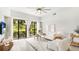 Cozy living room with a ceiling fan, comfortable seating and expansive windows overlooking the golf course at 2383 Lakeside Mews # D3, Sarasota, FL 34235
