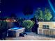 Night view of backyard oasis featuring a hot tub with lights, an outdoor kitchen, and lush tropical landscaping at 4907 Kilty E Ct, Bradenton, FL 34203