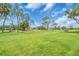 Manicured backyard with a large grassy area, mature trees, and clear blue skies at 5349 Everwood Run, Sarasota, FL 34235