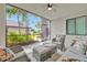 Screened lanai featuring comfortable wicker furniture and a tranquil view of the lush tropical landscaping at 5528 Palmer Cir # 104, Bradenton, FL 34211