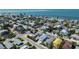 A scenic aerial view of a beach neighborhood highlighting a modern home with a pool near the Gulf at 616 Fern St, Anna Maria, FL 34216