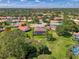 Aerial view of a community featuring single-Gathering homes with well-maintained lawns and mature trees, showcasing the neighborhood at 7302 Dunes Ct, Bradenton, FL 34202