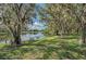 Relaxing view of a tranquil pond surrounded by mature trees and lush greenery at 7302 Dunes Ct, Bradenton, FL 34202