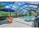 Sparkling screened-in pool area with an umbrella, outdoor seating, and pristine landscaping, perfect for relaxation at 7302 Dunes Ct, Bradenton, FL 34202