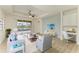 Cozy living room with modern furnishings, light blue accent wall, and scenic views of the lanai at 8820 Heritage Sound Dr, Bradenton, FL 34212