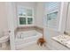 Well-lit bathroom featuring a garden tub with tile accents and a small wooden stool at 11434 Spring Gate Trl, Bradenton, FL 34211