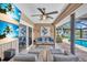 Relaxing covered patio with a flatscreen television, outdoor seating, and a view of the waterfront pool at 1461 Marlin St, Nokomis, FL 34275