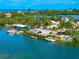 Breathtaking waterfront view featuring dining, dockside bar, boat docks, and lush surroundings at 1484 Seafarer Dr, Osprey, FL 34229