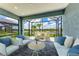 Stylishly decorated screened in lanai with brick pavers provides stunning outdoor relaxation and dining space at 2565 Star Apple Way, Sarasota, FL 34240