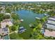 Aerial view of a lake community with private boat docks and swimming pools behind the residences at 315 36Th Ne St, Bradenton, FL 34208