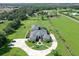 Aerial view showcasing a home with a screened-in pool, green lawns, and lush landscaping in a peaceful setting at 520 Rye Ne Rd, Bradenton, FL 34212