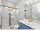 Updated bathroom with stylish shower, vanity, white countertop, and modern fixtures at 10309 Longmeadow Ave, Parrish, FL 34219