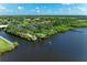Scenic aerial view of a waterway, boat docks, and waterfront homes with surrounding greenery at 11915 Oak Ridge Dr, Parrish, FL 34219