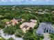 An elevated perspective of an estate home surrounded by mature trees and manicured grounds, nestled in an exclusive neighborhood at 12448 Highfield Cir, Lakewood Ranch, FL 34202