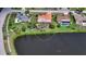 Aerial view highlighting the home's location next to a lake, showing the neighborhood layout and proximity to other houses at 1677 Fleetwood Dr, Sarasota, FL 34232