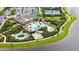 Aerial view of a luxurious resort-style pool area with lush landscaping, cabanas, and various amenities by the lake at 17817 Pastureland Ave, Lakewood Ranch, FL 34211