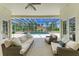 Screened lanai with wicker furniture and a view of the pool and backyard at 20207 71St E Ave, Bradenton, FL 34211