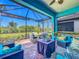 Charming screened-in patio featuring comfortable seating, a dining set, and views of the lush backyard at 2525 Daisy Dr, North Port, FL 34289