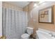 This bathroom includes a shower with patterned curtain, toilet and sink at 3211 Deerfield Dr, Tampa, FL 33619
