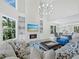Inviting living room with soaring ceilings, fireplace, and open floor plan at 3959 Somerset Dr # 5, Sarasota, FL 34242