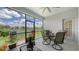 Enclosed patio with beautiful views of the lake, fan, and patio furniture at 5910 Hevena Ct, Palmetto, FL 34221
