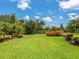 Expansive backyard with lush green grass, tropical landscaping, and mature trees at 6851 Bay Hill Dr, Lakewood Ranch, FL 34202