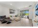 Comfortable living room featuring contemporary furniture and a view of the pool area at 9012 Tequila Sunrise Dr, Sarasota, FL 34241