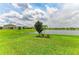 Lush backyard featuring green grass, a tranquil pond, and picturesque neighborhood homes at 10609 Great Cormorant Dr, Riverview, FL 33579