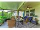 Inviting screened porch with dining set, sofa, ceiling fan, and serene lake view at 10609 Great Cormorant Dr, Riverview, FL 33579