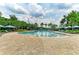 Outdoor pool surrounded by ample lounge chairs, umbrellas, and mature trees, perfect for relaxation at 10609 Great Cormorant Dr, Riverview, FL 33579