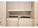 Modern laundry room with white appliances, and white cabinets offering storage with sleek design and efficient functionality at 1921 Monte Carlo Dr # 302, Sarasota, FL 34231