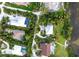 An aerial view of several waterfront homes showcasing well-maintained landscaping, pools, and driveways at 2048 Larson St, Englewood, FL 34223