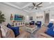 Beautifully decorated living room with stairs to second floor, comfortable seating, and large television at 3344 Anchor Bay Trl, Bradenton, FL 34211