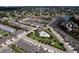 Beautiful aerial view of a residential community featuring a pool, lush landscaping, and a serene lake at 3681 Divot Ln, Sarasota, FL 34232