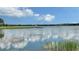 Expansive lake view featuring lush vegetation and a serene fountain, offering a peaceful natural setting at 7665 Haddington Cv, Bradenton, FL 34202